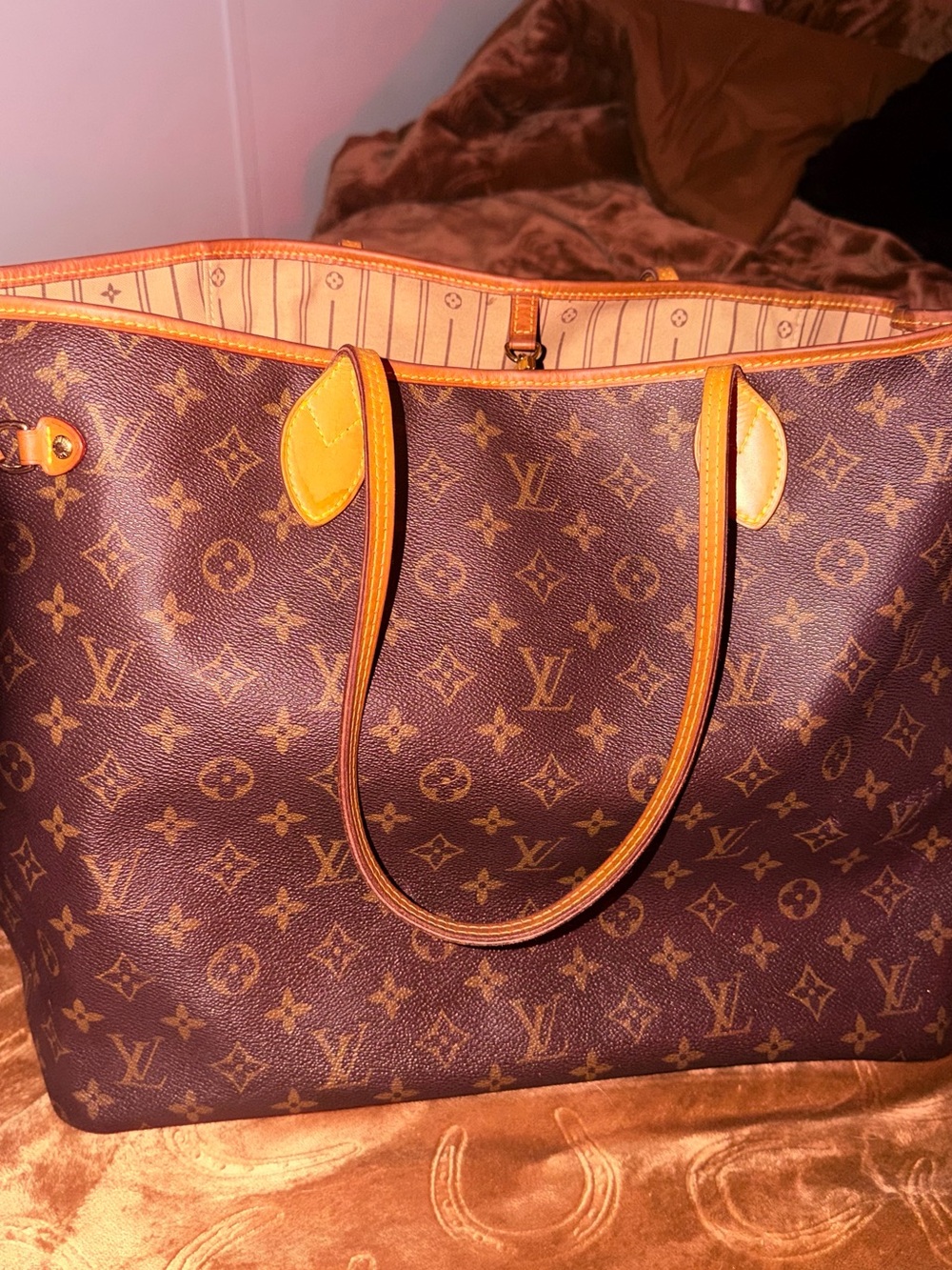Louis Vuitton Monogram Canvas Tote in Brown Tan Leather Trim size GM neverfull - Picture 2 of 16